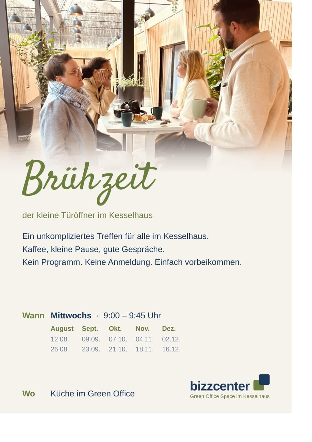 Flyer Brühzeit — Treffpunkt im Kesselhaus, mittwochs 9:00 bis 9:45 Uhr