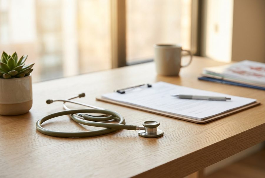 Practice address for locum physicians — stethoscope on a desk