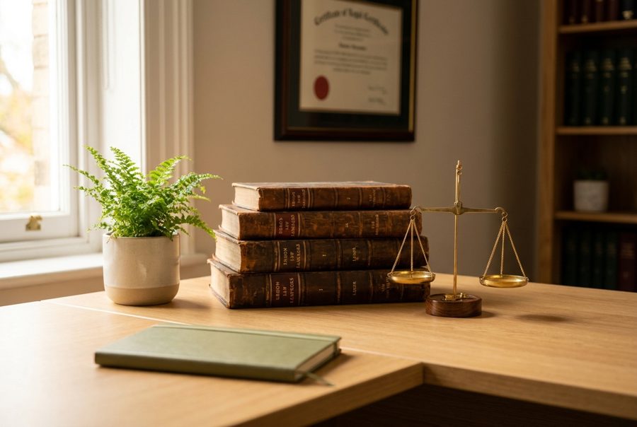 Chambers address for lawyers — law books and scales